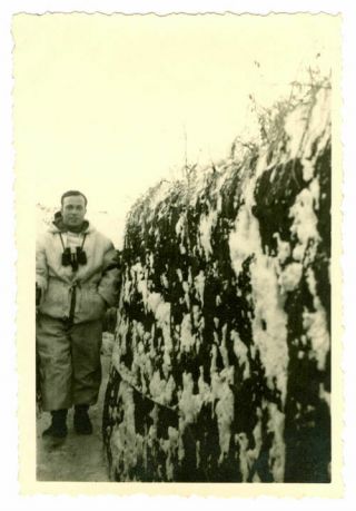 German Soldier In Trench Wearing Winter Uniform.  Ww2 Photo