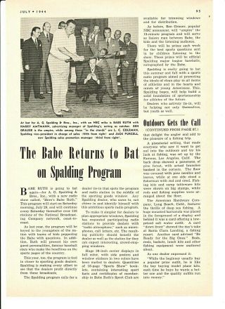 Vintage Wwii 1944 Babe Ruth Yankees Spalding Baseball Photo Article