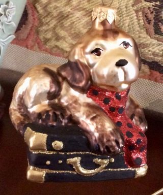 Dog Beagle Blown Glass Glitter Ornament Sitting On Top Of Suitcase