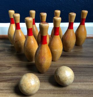 Vintage Wooden Bowling Game Pins Ball