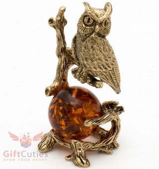 Solid Brass Amber Figurine Of Bird Owl Sitting On The Tree Branch Ironwork