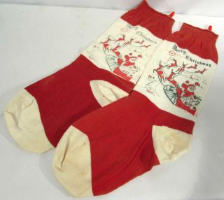 Vintage Christmas Stockings / Socks Pair Santa & Reindeer Scene