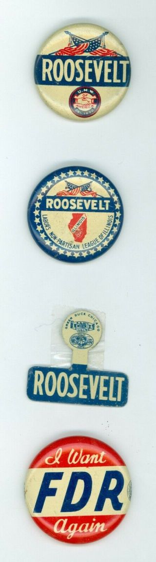 3 Vintage 1936 - 40 President Franklin Roosevelt Campaign Pinback Buttons Tab Umw