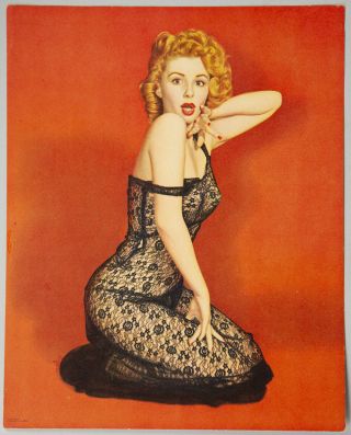 Vintage 1950s Photo - Litho Pin - Up Print Red - Lipped Seductress Wearing Black Lace