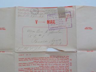 WWII V - Mail Letter 1944 Italy 463rd Bomb Group Panora Iowa Mutilated WW II WW2 3