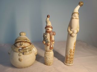 Snowman/santa Claus Christmas Ceramic Glazed Figurines Set Of 3