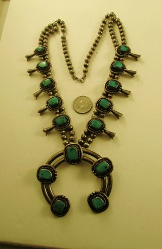 Vintage Southwest Squash Blossom Necklace W/ Square Turquoise Sterling