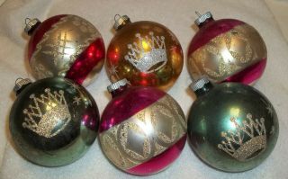 6 Large Shiny Brite Glass Christmas Ornaments Golden Crowns Pink Gold 3 1/4 "