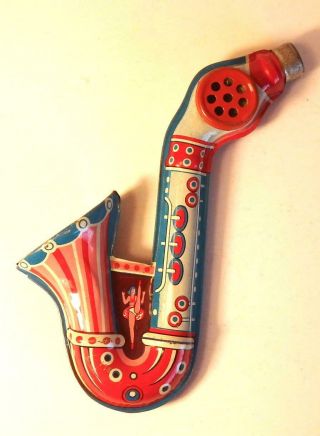 Small Vintage Japanese Tin Saxophone Kazoo - Dancer And Clown