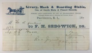 Antique Billhead F H Sedgwick Livery Hack Boarding Stable Providence Ri 1872