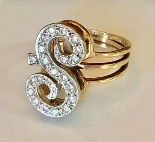 Diamond Initial Ring " S " 14k Gold.  525tcw,  Size 6.  5,  21 Diamonds,  Vintage