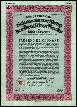 1936 Nazi Germany 10 Year 1000 Rm Treasury Bill Third Reich Finance Wysiwyg Vf,