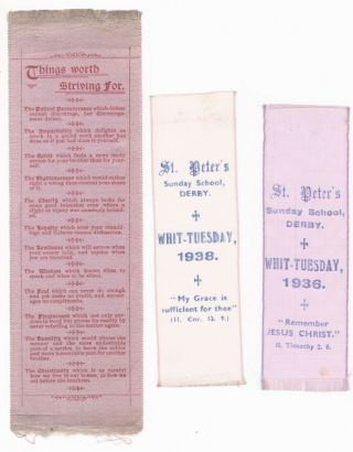 3 X 1930s Silk Bookmarks,  St Peter’s Derby Sunday School Interest