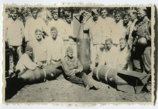 German Wwii Small Size Photo: Luftwaffe Personnel With Air Bombs,  Agfa Paper