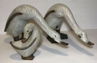 Set 3 Hand Carved Wooden Geese 7” & 5 1/4” Gosling Painted Faux (?) Wood Goose