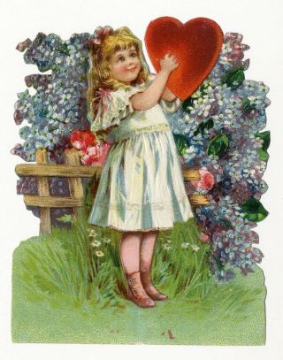 Valentine Die Cut Little Girl And Big Heart In Garden Embossed 1890 1900 Floral