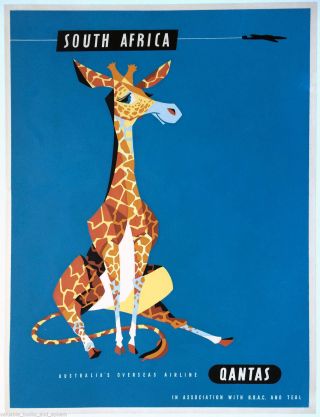 Vintage Qantas South Africa Giraffe Travel Art Print Poster Painting