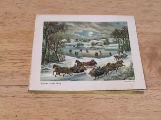 Vintage Currier And Ives “winter In The Park” Christmas Card Mid Century Sleigh