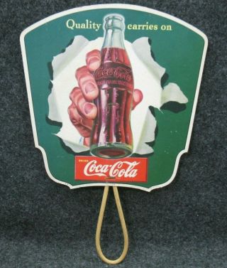 1950s Coca Cola Quality Carries On Cardboard Advertising Hand Held Fan Vintage