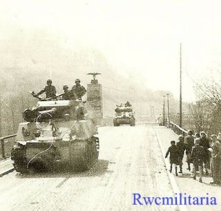 Best Us M4 Sherman Tanks Pass German Refugees On Highway; 1945