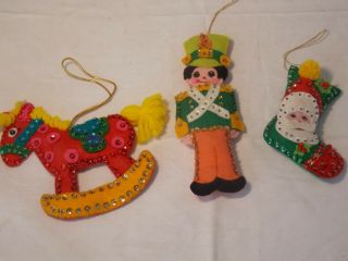 3 Handmade Felt Beaded & Sequins Christmas Ornaments