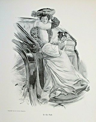 Harrison Fisher,  Pretty Lady,  In The Park,  Coaching,  Bulldog 1907 Antique Print