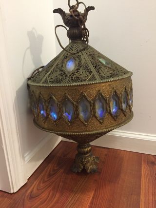Vtg Hanging Chandelier Brass Colored Globe Ornate Art Victorian Light