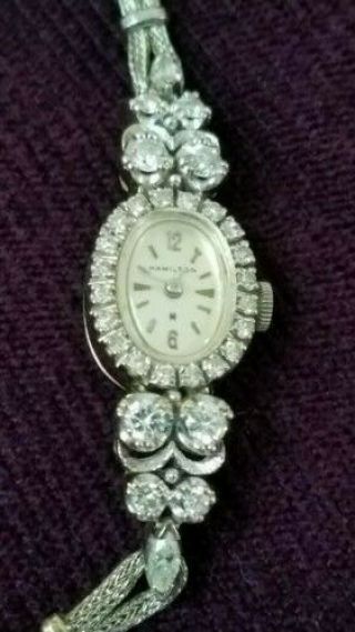 Ladies Vintage 14k White Gold 1.  5 Ct Diamond Hamilton Watch 6 "
