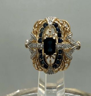 Antique 14k Gold Emerald Cut Sapphire & Diamond Filigree Ring Size 9