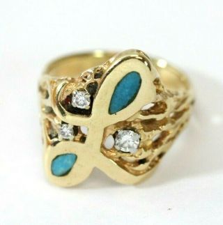 Vintage " L " Initial 14k Yellow Gold,  Turquoise,  Diamond Ring: Size 7.  5,  8.  1 Gram