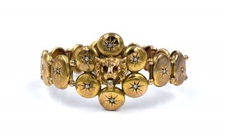 Antique Victorian Diamond Ruby Lion Head Star Bracelet 10k Yellow Gold 6 "