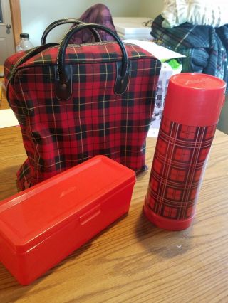 Vintage Aladdin Lunch Thermos Picnic Set Red Plaid