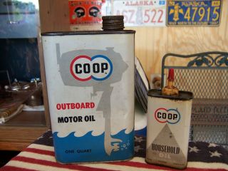 (2) Vintage Coop,  Outboard Motor And Household Oil Tins/cans