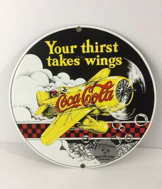 10 " Ande Rooney Porcelain Enamel Coca Cola Advertising Sign - Thirst Takes Wings