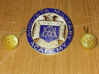 Augusta Military Academy Cadet Cap Badge Enameled And 2 Eagle Buttons