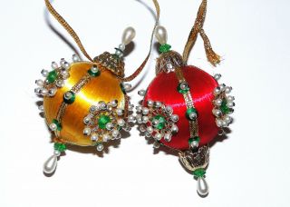 2x Vtg Hand Decorated Satin Christmas Ball Ornament Beads Beaded Red Yellow