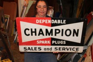Vintage C.  1960 Champion Spark Plugs Gas Station Oil 26 " Metal Sign
