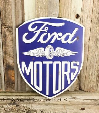 Ford Motors Shield 12 " Rustic Embossed Metal Tin Sign Vintage Style Garage