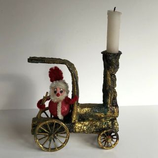 Vintage Spun Cotton Flocked Santa Sleigh Christmas Train Candle Holder Kitsch
