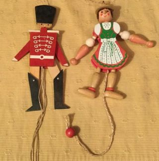 Vintage Set Of 2 Wooden Articulated Christmas Ornaments East Germany Soldier
