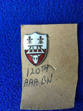 Wwii Military Insignia Pin Shield Emblem 120th Aaa Bn Skull Horns