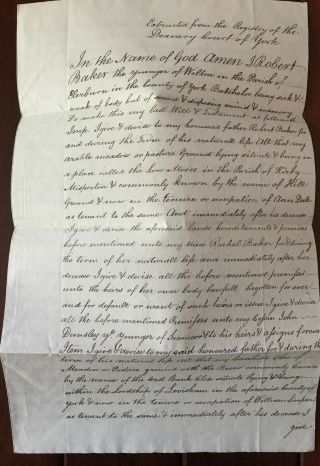 1758 King George Ii Era Document For Robert Baker Younger Of Wilton Yorkshire