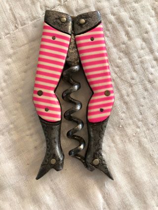 Vintage Ladies Legs Corkscrew,  Pink Stripe,  Unique With Different Metal Plugs