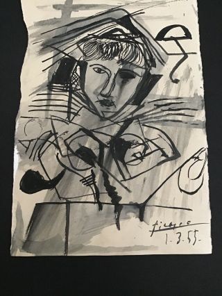 Vintage Picasso Art Drawing Of A Man On Paper,  Signed & Dated 1.  3.  55