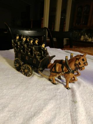 Vintage Cast Iron Amish Horse Drawn Carriage Wagon Toy Collectible 7 Riders.