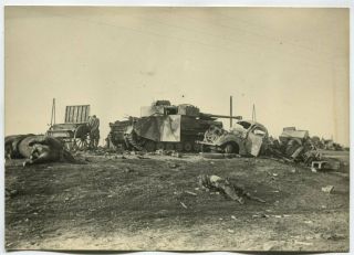Wwii Large Size Photo: Battlefield View,  Destroyed German Tanks & Vehicles