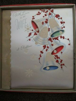 1946 Rust Craft Satin Padded Christmas Card To My Wife Box Vintage Glitter Bells