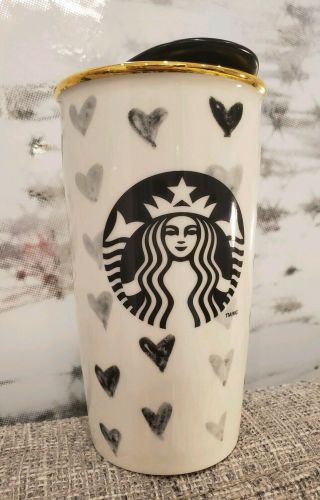 Starbucks Black Hearts Heart 12 Oz Ceramic Tumbler Mug With Lid 2014