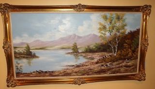 Large Vtg Oil Painting On Canvas Listed Artist E.  Neuhold Landscape Orig.  Framed