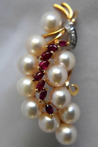 Vintage 14k Solid Gold,  Diamonds,  Pearls And Natural Ruby Pendant/pin/brooch